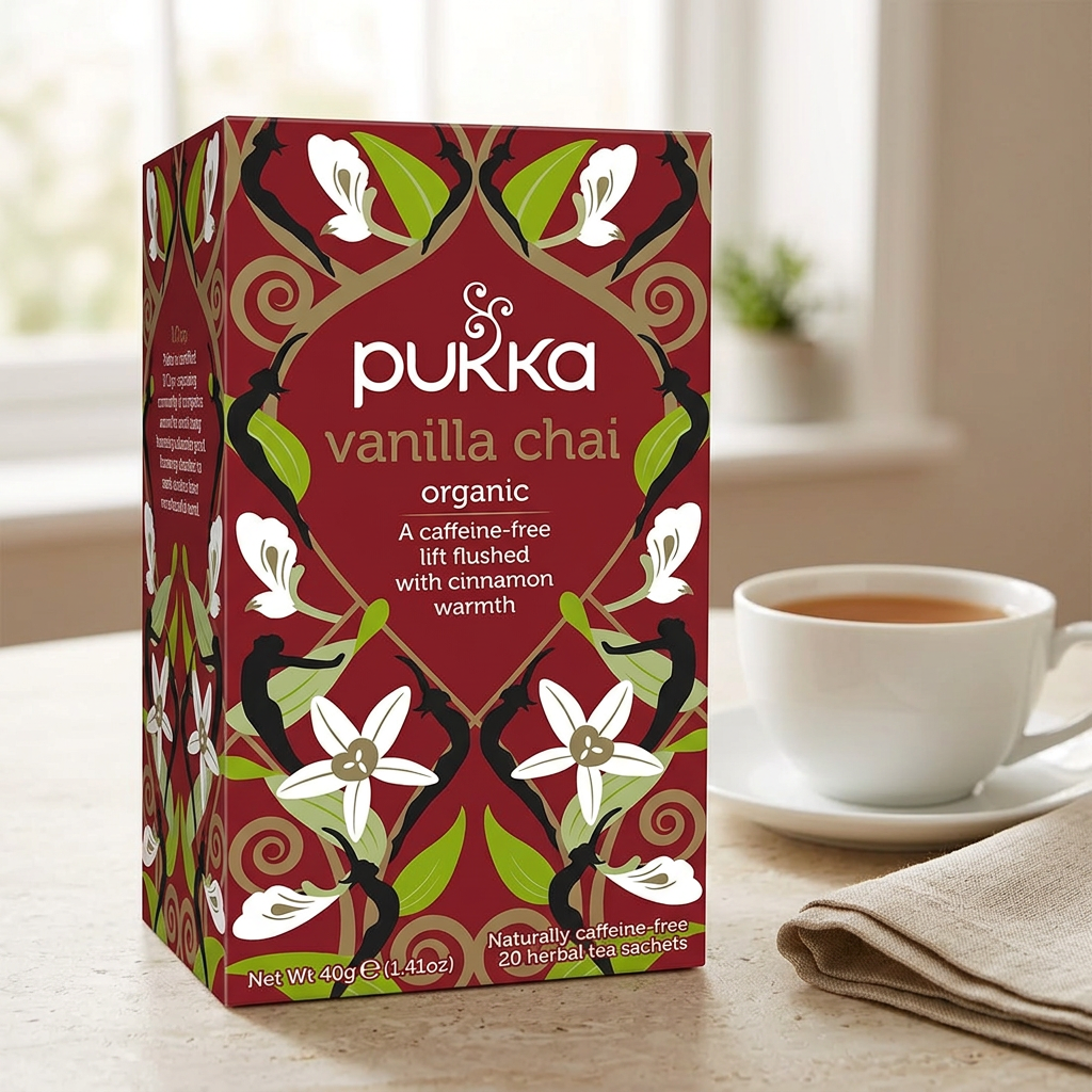 Pukka Vanilla Chai ved en kop te og en serviet på et lyst bord