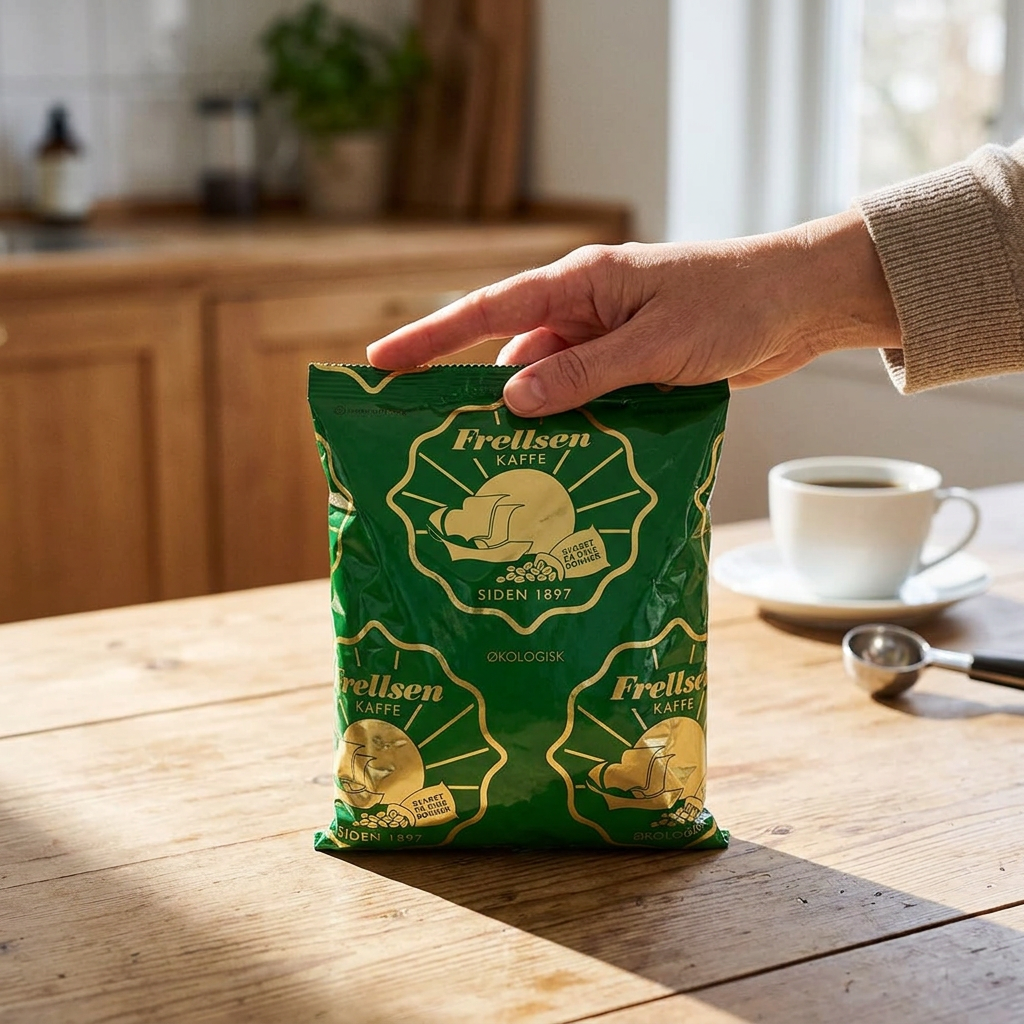Voksen stiller Frellsen-kaffepose på et solbelyst køkkenbord, kop medfølger ikke