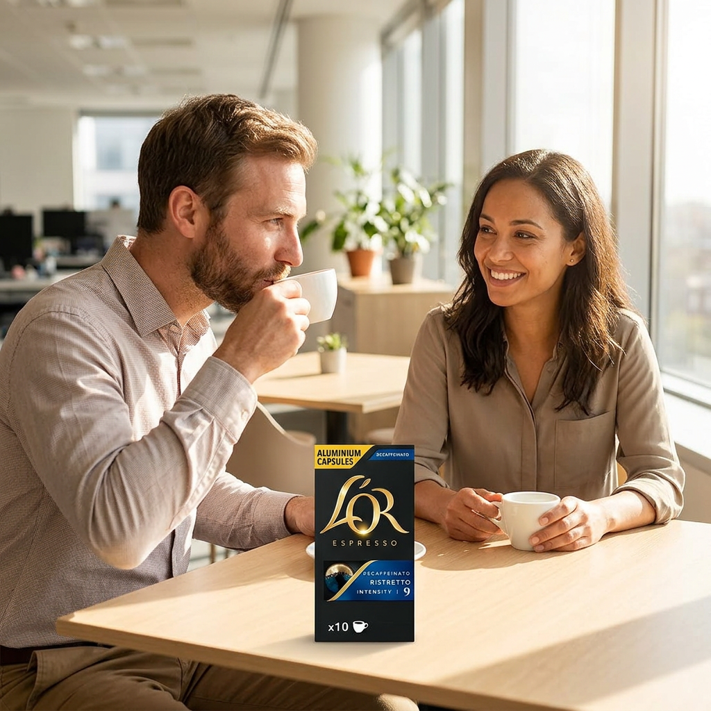 Kollegaer nyder kaffe med L’OR Ristretto Decaf 9 ved kaffepausen