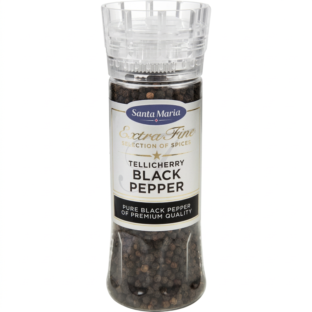 Santa Maria Tellicherry Black Pepper peberkværn på hvid baggrund