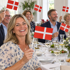 Store papirflag med Dannebrog i brug ved en fødselsdagsfrokost
