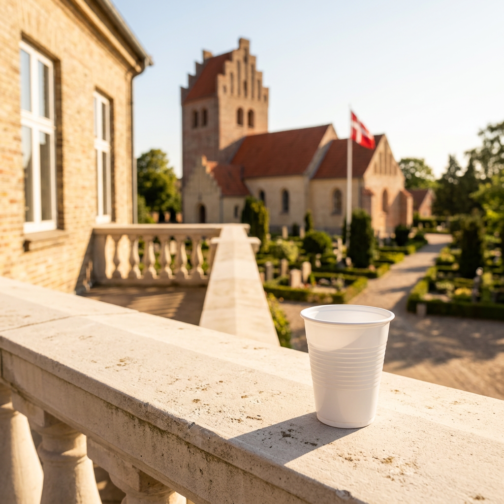 Hvidt automatbæger på solrig terrasse med kirke i baggrunden