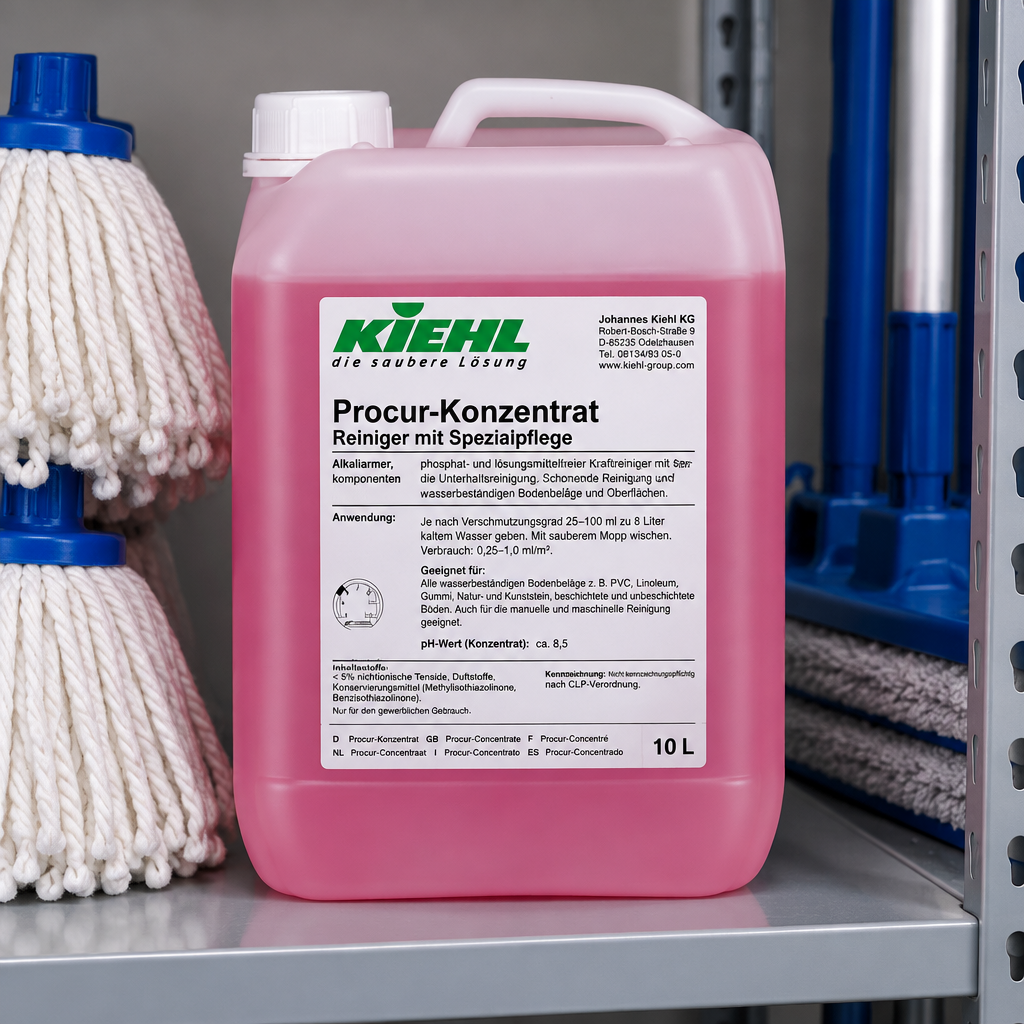 Kiehl Procur-Koncentrat 10 L på hylde med mopper i rengøringsdepot, stemningsbillede