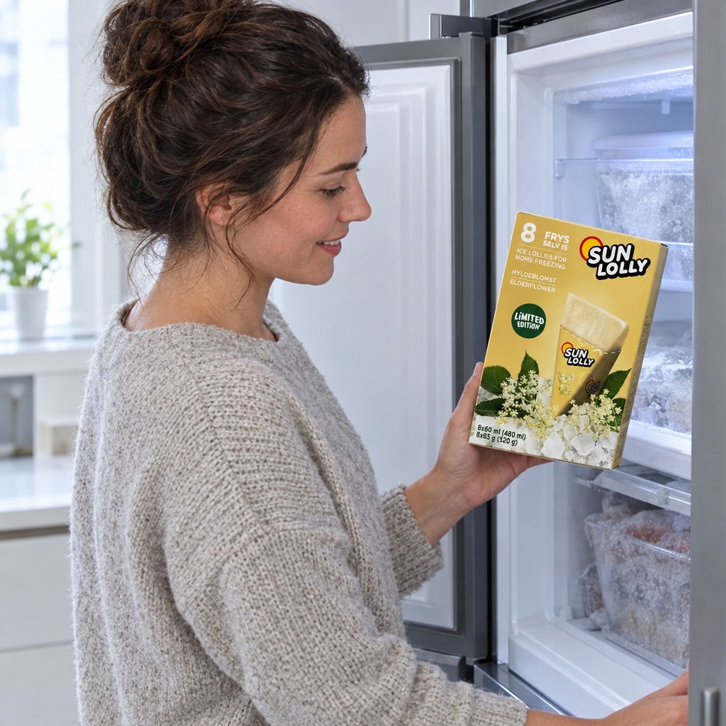 Voksen holder Sun Lolly Hyldeblomst, 8 × 60 ml, ved åben fryser