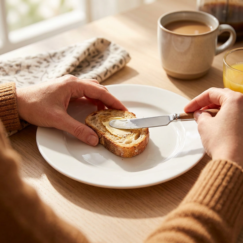 Brød smøres på hvid tallerken ved morgenbordet