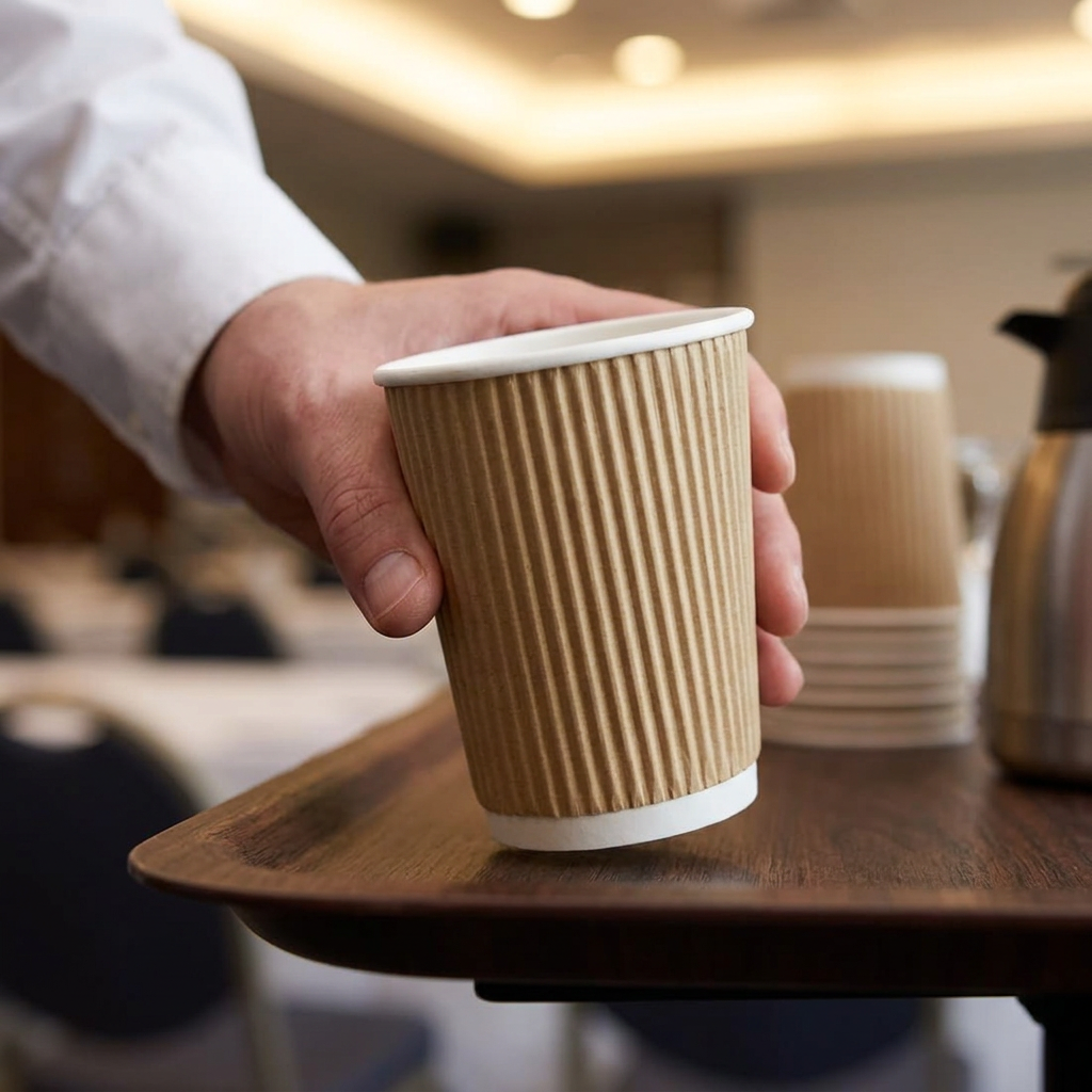 Voksen medarbejder placerer brunt Ripple-Wrap kaffebæger på serveringsbakke