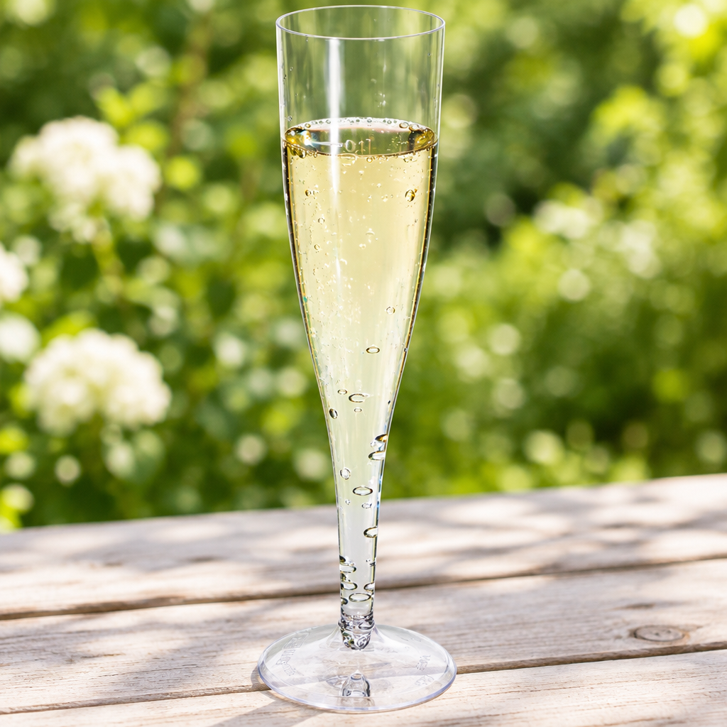 Champagneglas med fast fod på udendørs træbord