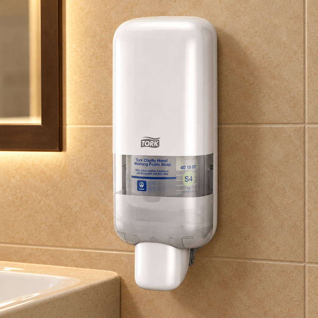 Tork S4 564500 i hvid på beige fliser i hotellets personaletoilet
