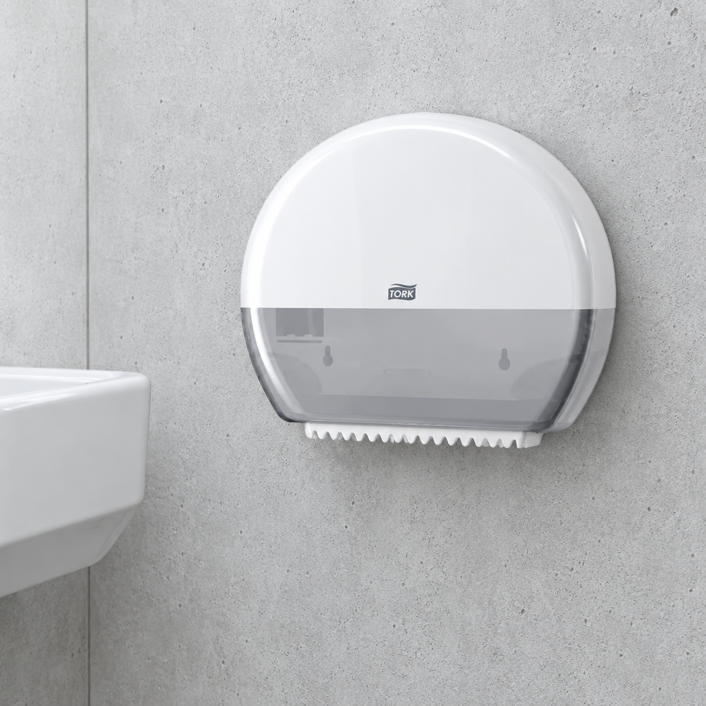 Tork T2 555000 toiletpapirdispenser ved betonvæg i værkstedets personaletoilet