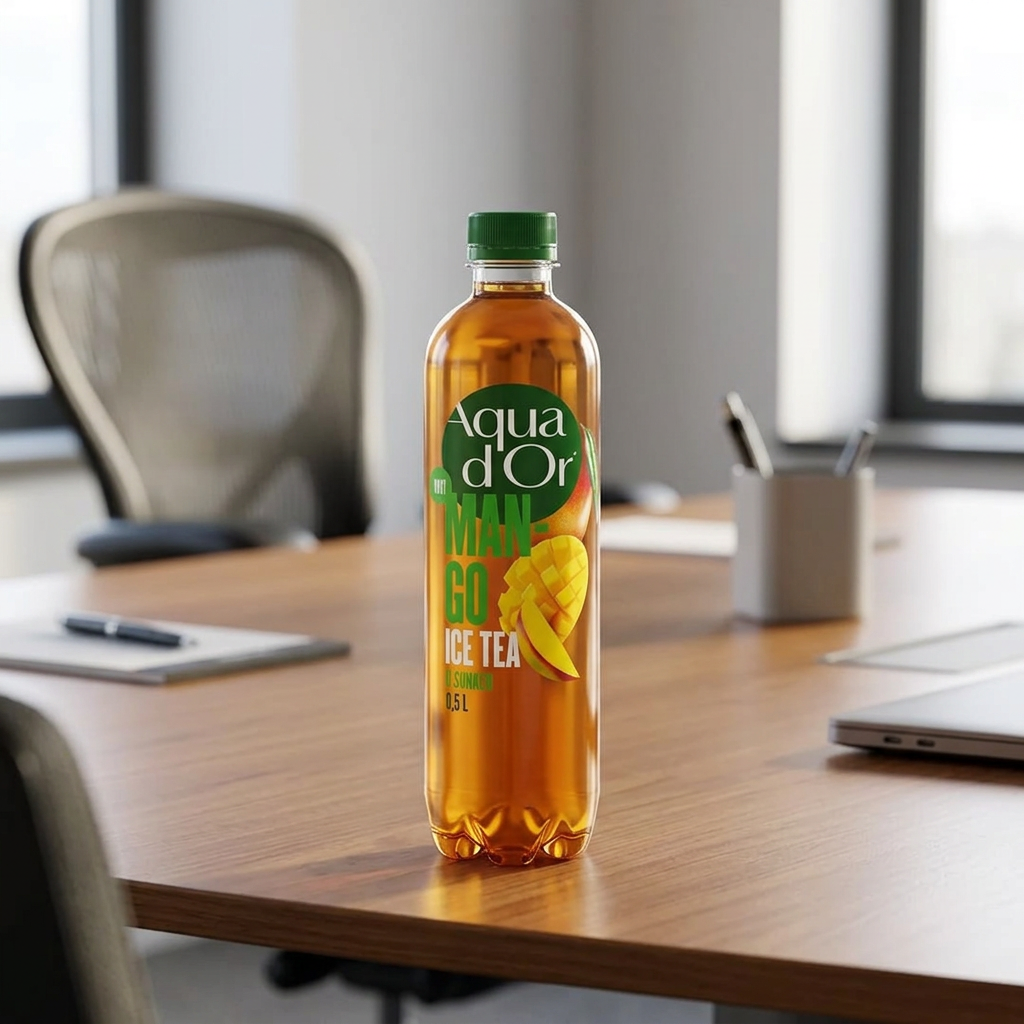 Aqua d’Or Mango iste på mødebord i lyst kontor