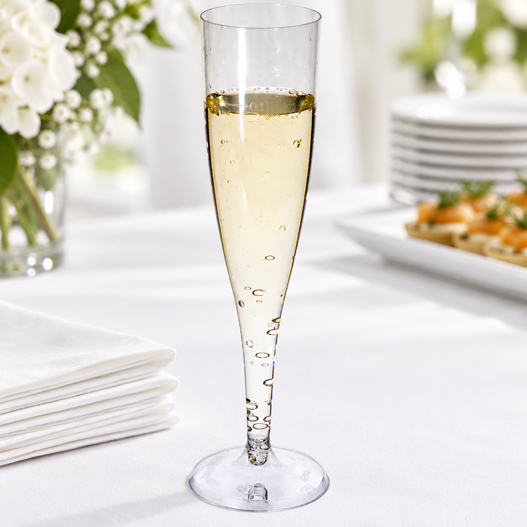 Champagneglas i klar plast ved buffet med hvide servietter