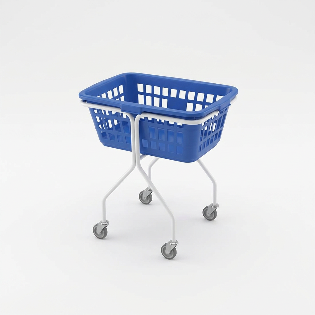Genereret produktillustration af Tina Trolleys-vaskerivogn med blå kurv på hvid baggrund