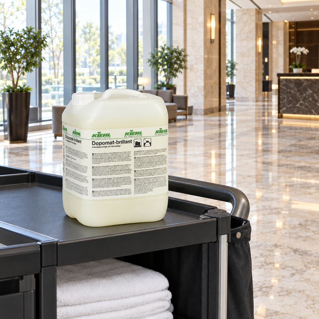 Kiehl Dopomat-Brillant på servicevogn i hotellobby, stemningsbillede