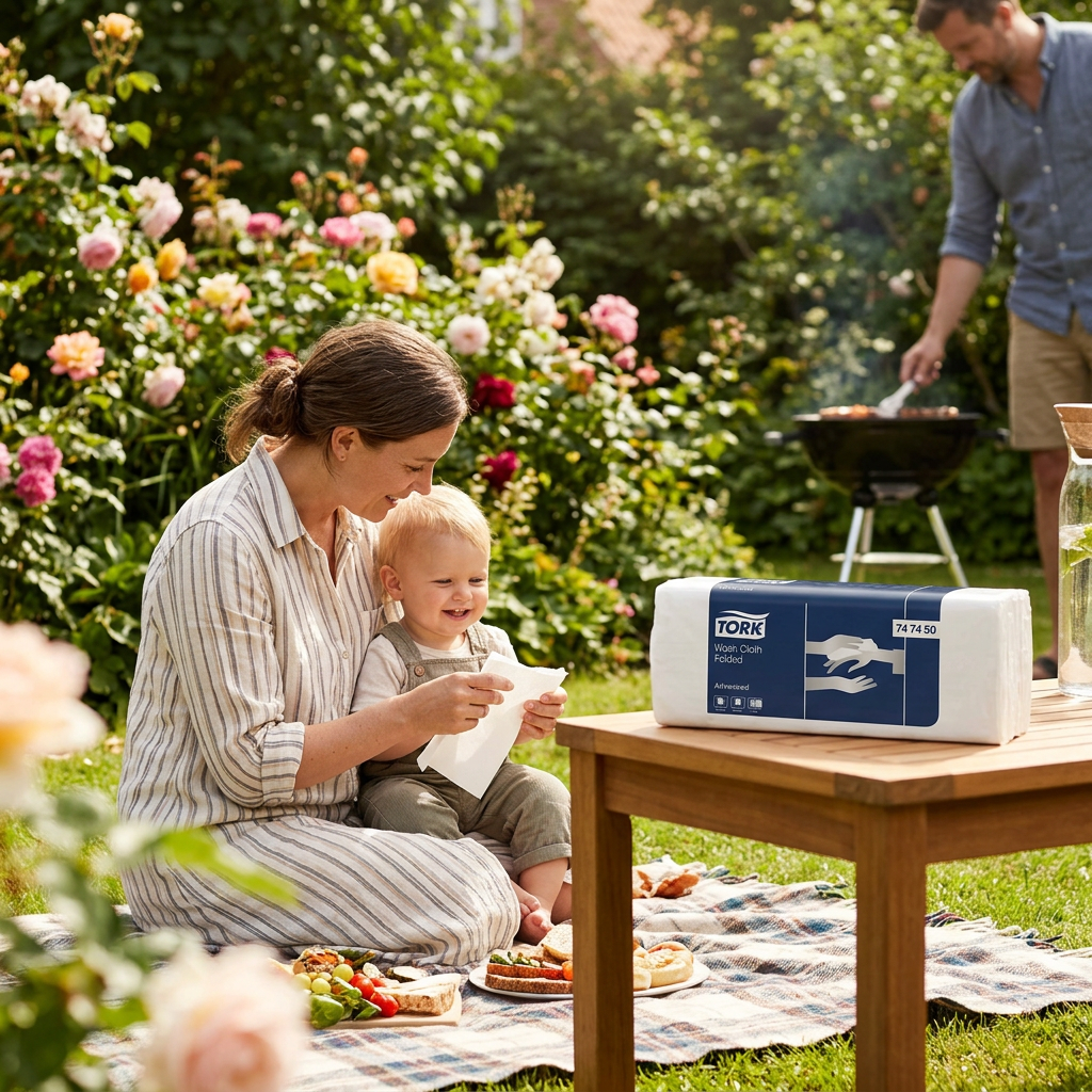 Tork papirvaskeklude ved familiens picnic i solrig have