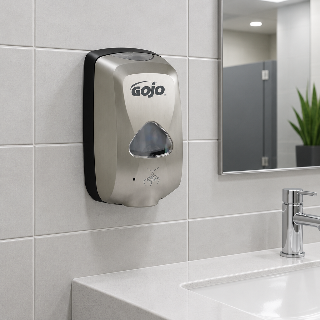 GOJO TFX-12 skumsæbedispenser i ståldesign ved kontorets håndvask