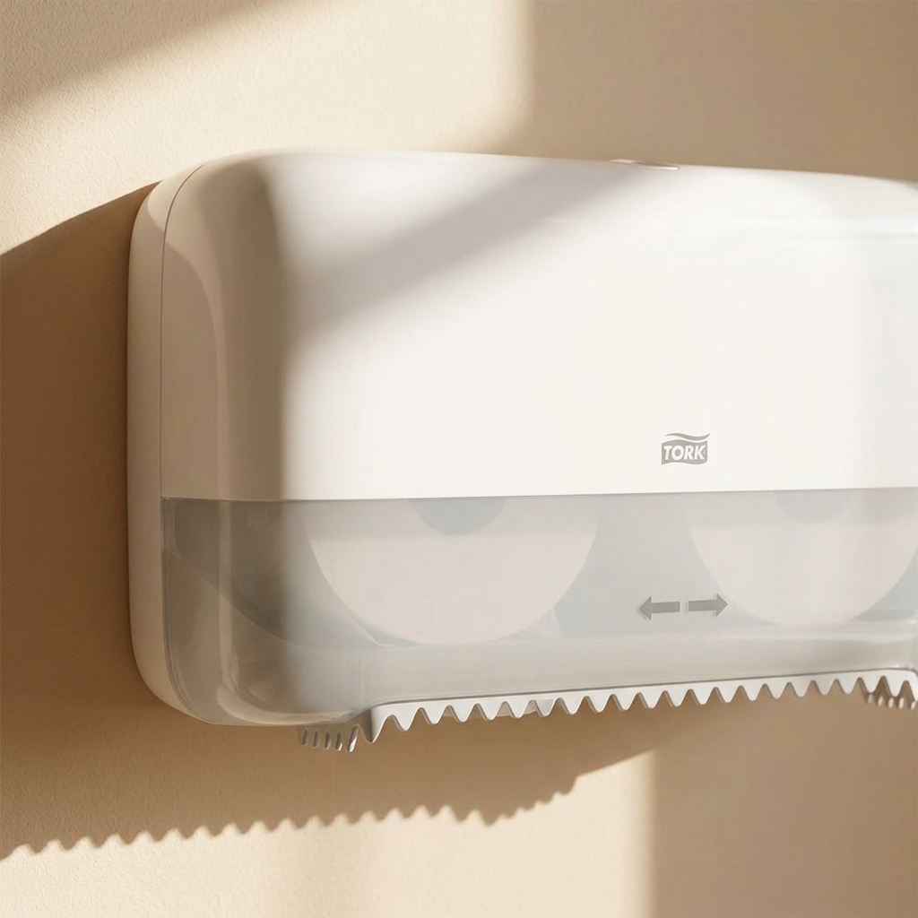 Hvid Tork T7 Twin 558040 på væg i sollyst kontortoilet, miljøillustration.
