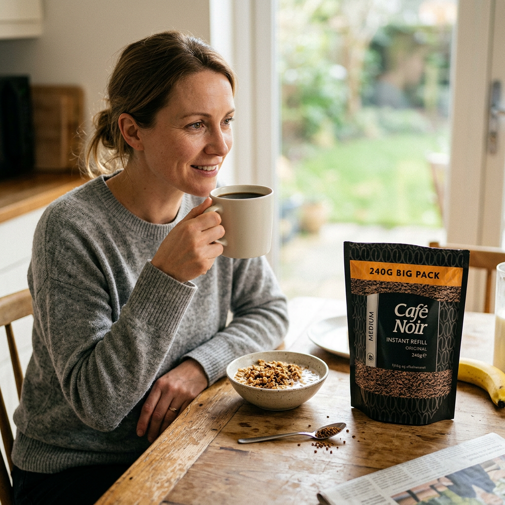 Voksen nyder kaffe hjemme med Café Noir Medium 240 g på bordet