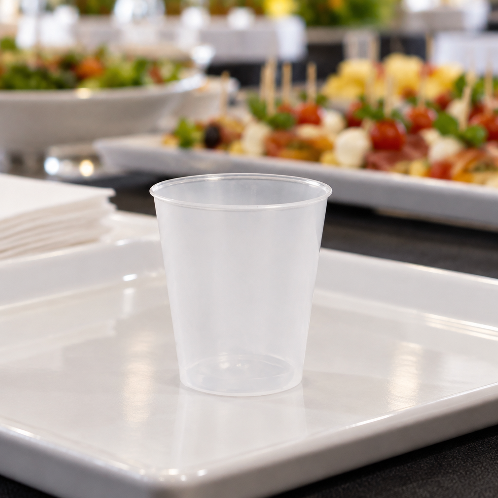 Tomt PP-shotglas på serveringsbakke ved receptionsbuffet, stemningsbillede