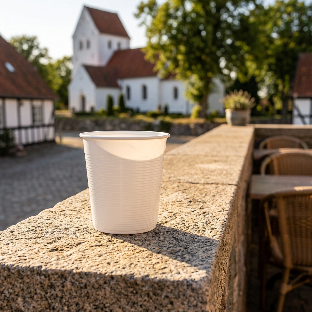Hvidt drikkebæger på solrig stenkant ved kirke