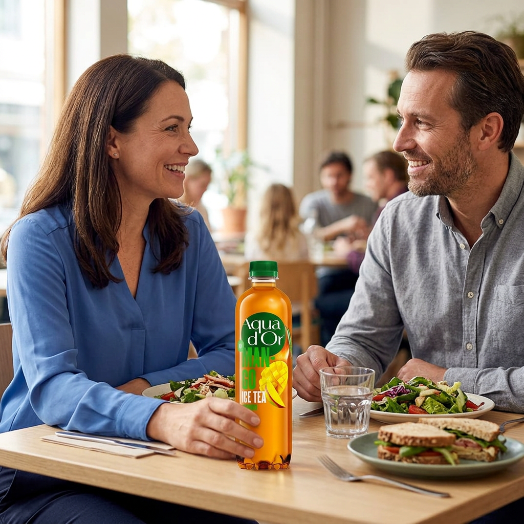 Aqua d’Or Mango iste ved frokostbord med to voksne kolleger