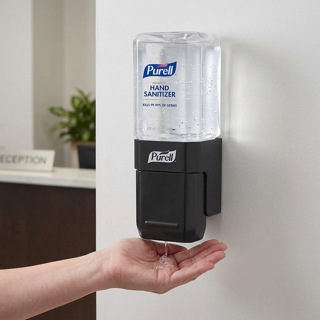 Hånd modtager gel fra Purell ES1-startsæt ved reception