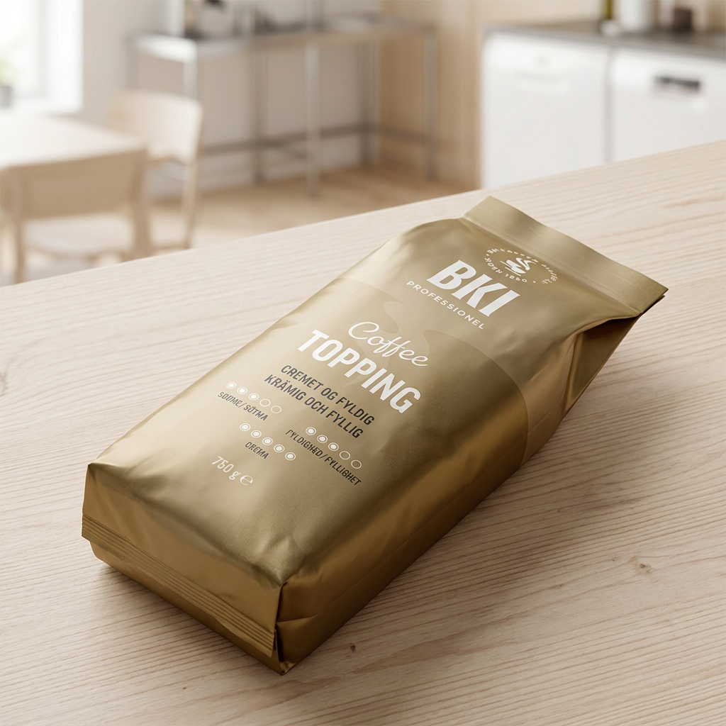 Pose med BKI Coffee Topping 750 g set skråt ovenfra, stemningsbillede