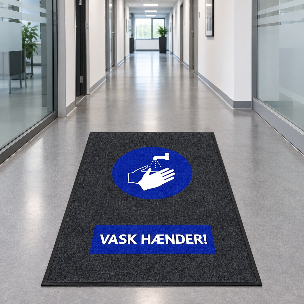 Vask Hænder-måtte på lyst gulv i kontorgang, genereret miljøbillede