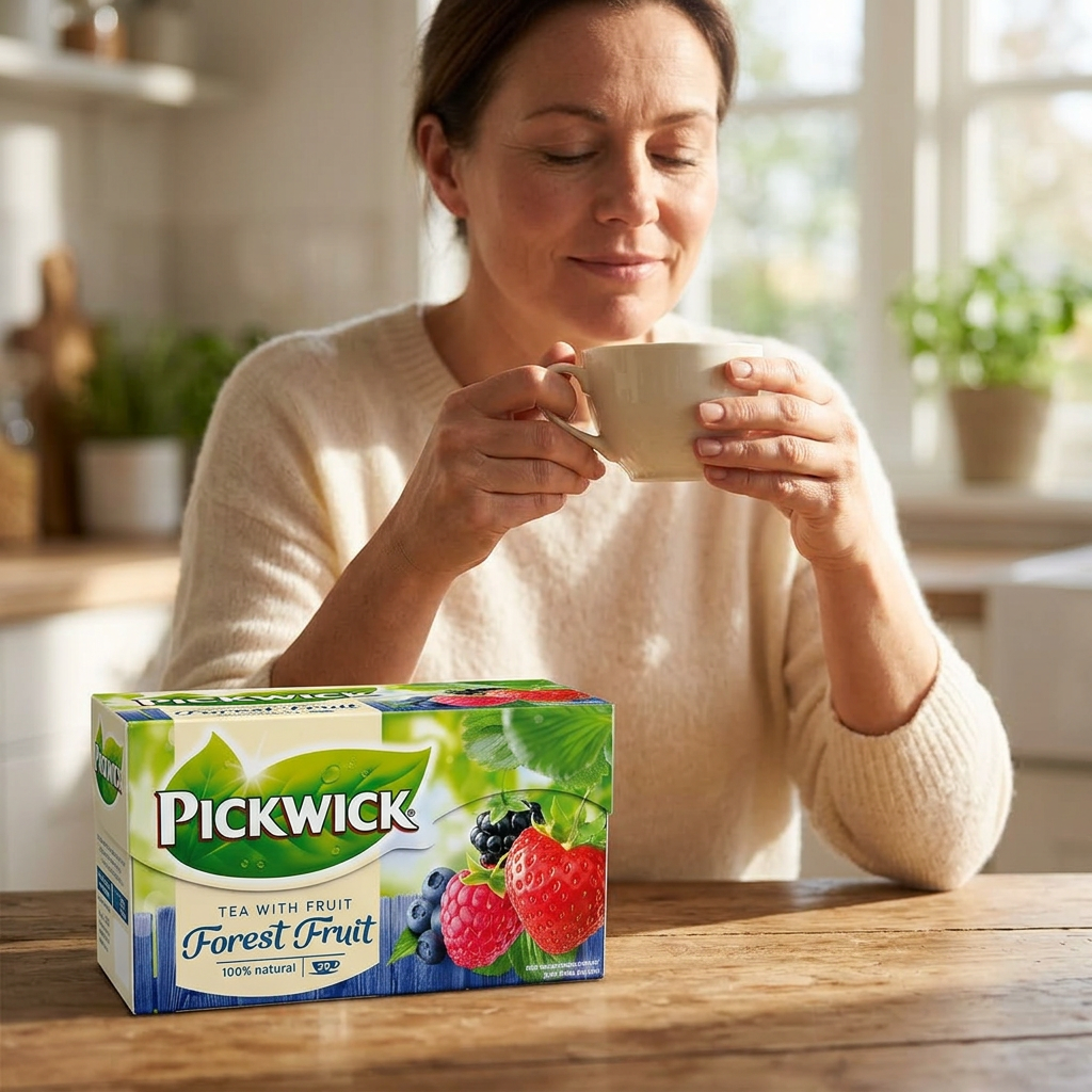Voksen nyder te med Pickwick Skovbær-æske på bordet i sollys; kop medfølger ikke