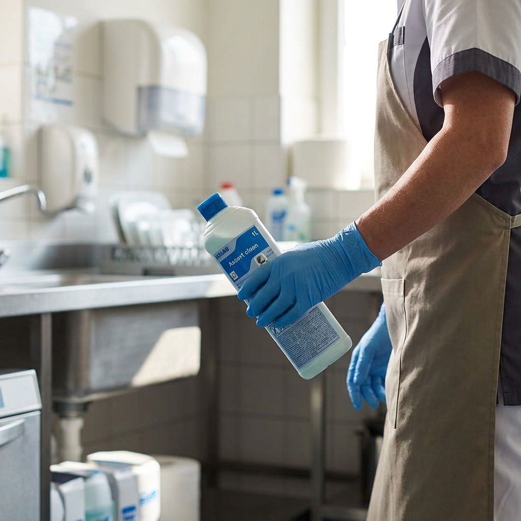 Medarbejder bærer en lukket flaske Assert Clean