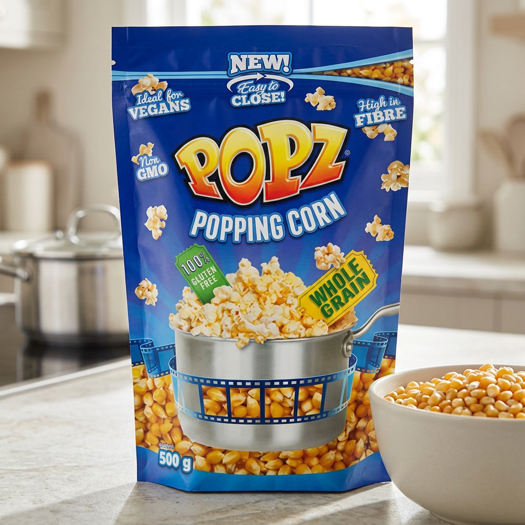 Blå Popz pose med majskerner 500 g ved en skål upoppede kerner