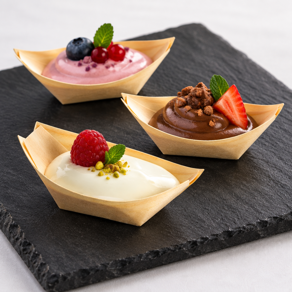 Tre serveringsbåde med små desserter på en skiferbakke