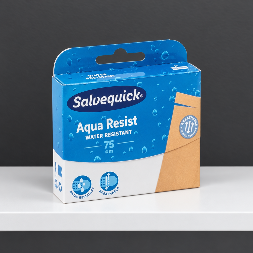 Salvequick Aqua Resist plasterpakke på hvid hylde ved mørk væg