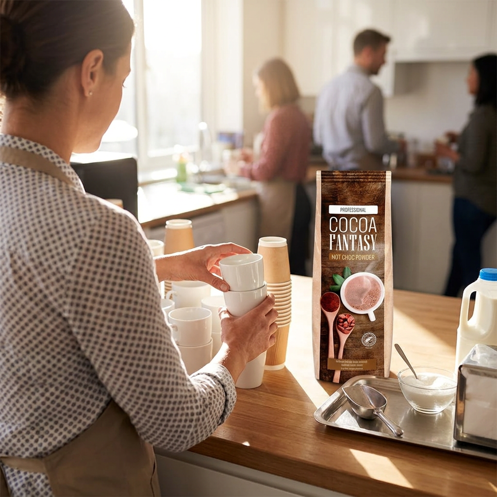 Cocoa Fantasy kakaopulver ved klargøring af kopper til mødeforplejning; service medfølger ikke