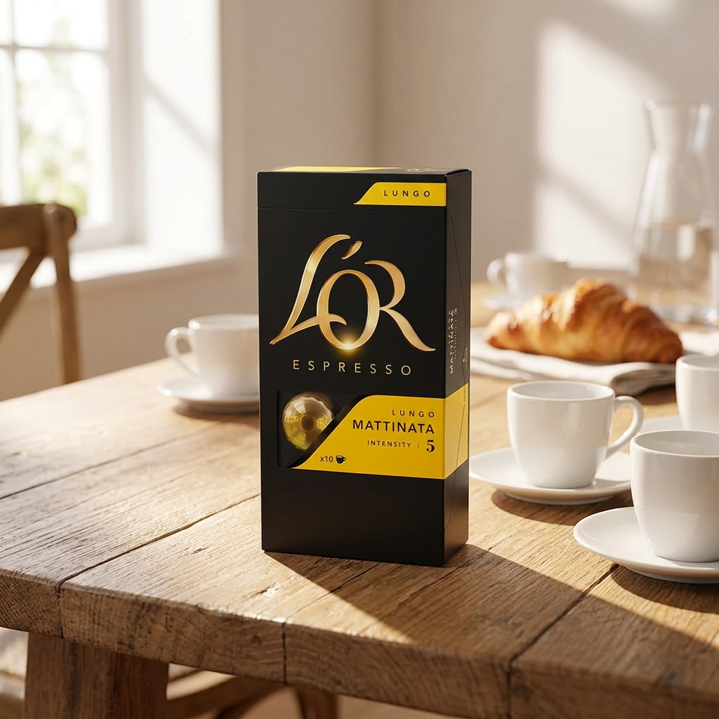 L’OR Lungo Mattinata 5 ved morgenbord med kopper og croissant
