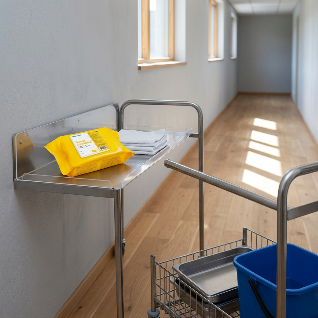 Miljøbillede: gul Wet Wipe Triamin Mini ved rengøringsudstyr i klinikgang med solskin