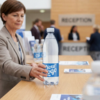 Voksen arrangør placerer logovand på receptionsbord