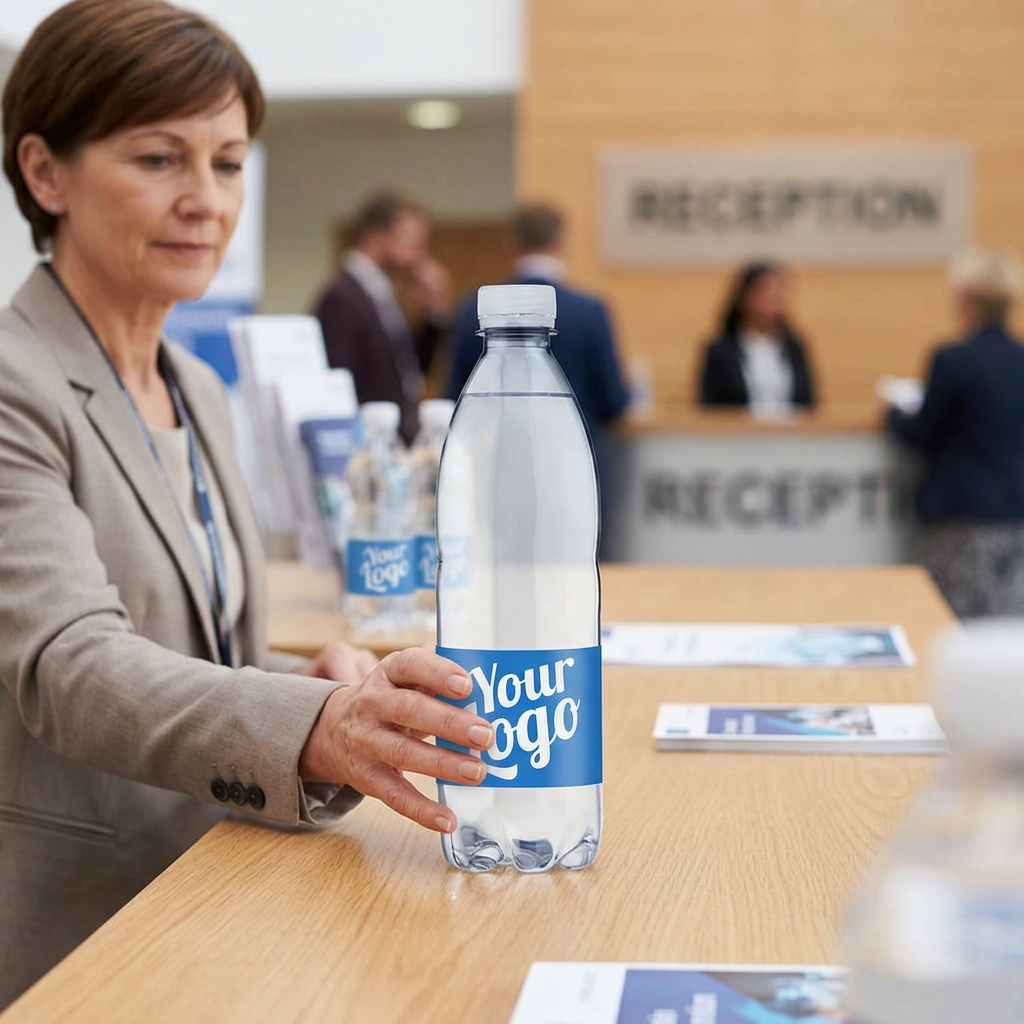 Voksen arrangør placerer logovand på receptionsbord
