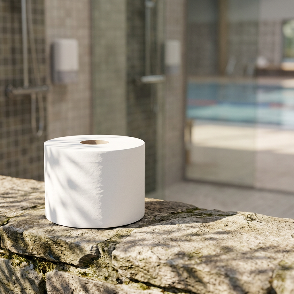 SmartOne T8-toiletrulle på stenhylde i sportshallens sollyse toiletrum