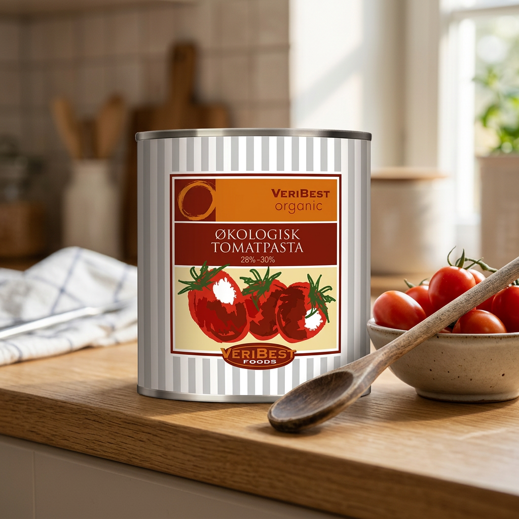 Dåse med økologisk tomatkoncentrat ved tomater og træske på køkkenbordet