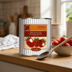 Dåse med økologisk tomatkoncentrat ved tomater og træske på køkkenbordet