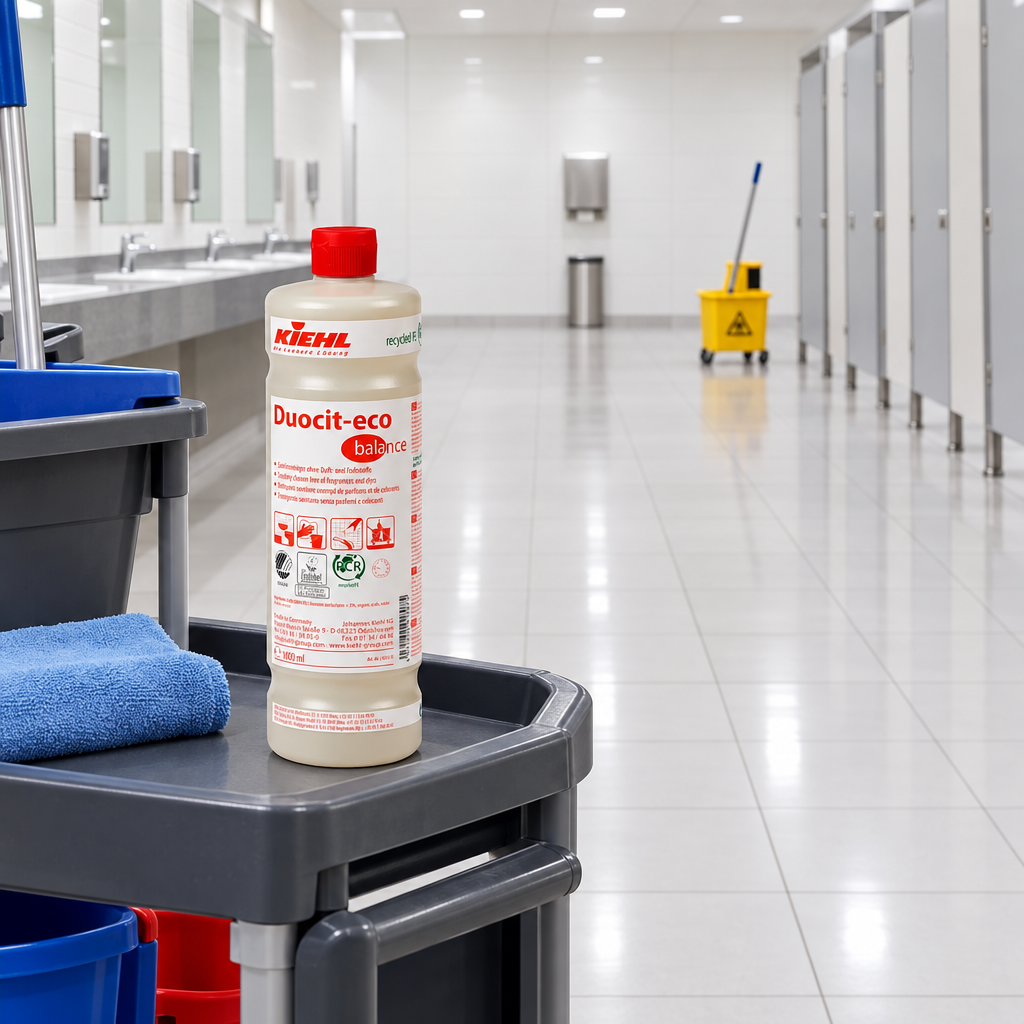 Kiehl Duocit-eco Balance 1 L på vogn med moppespand i baggrunden
