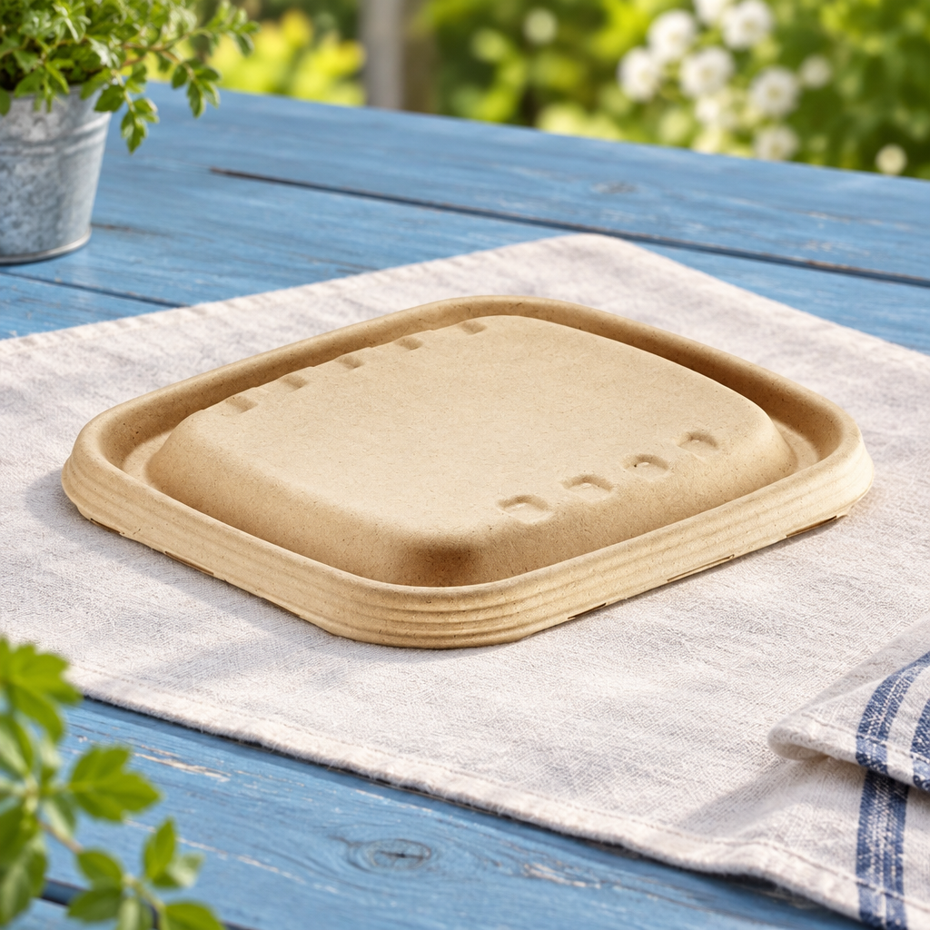Bagasselåg på lyst tekstil på blåt havebord