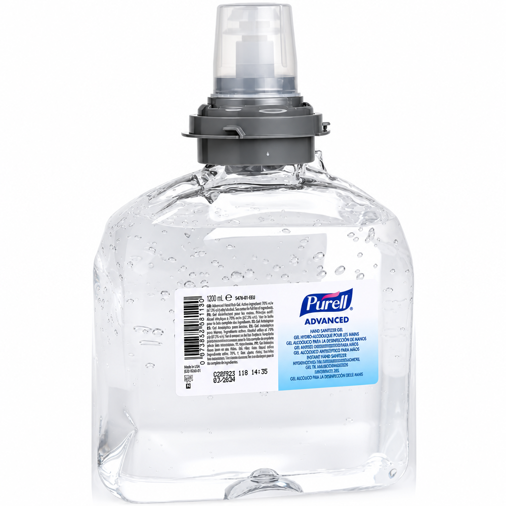 Ny billedudgave af Purell Advanced TFX gelrefill på 1200 ml på hvid baggrund