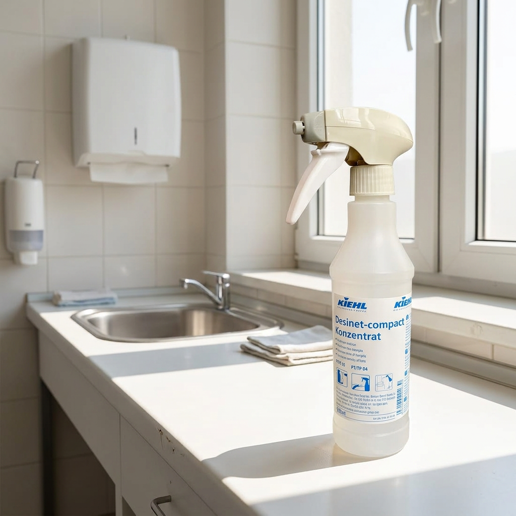 Desinet-compact-flaske i lyst serviceområde med solskin, vist med separat hoved
