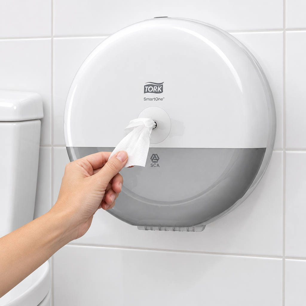 Papir tages fra Tork SmartOne T8 ved toilettet