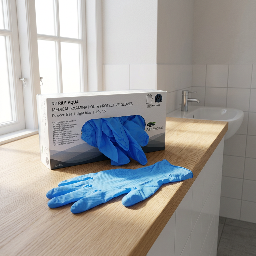 Nitrile Aqua M på sollyst hylde
