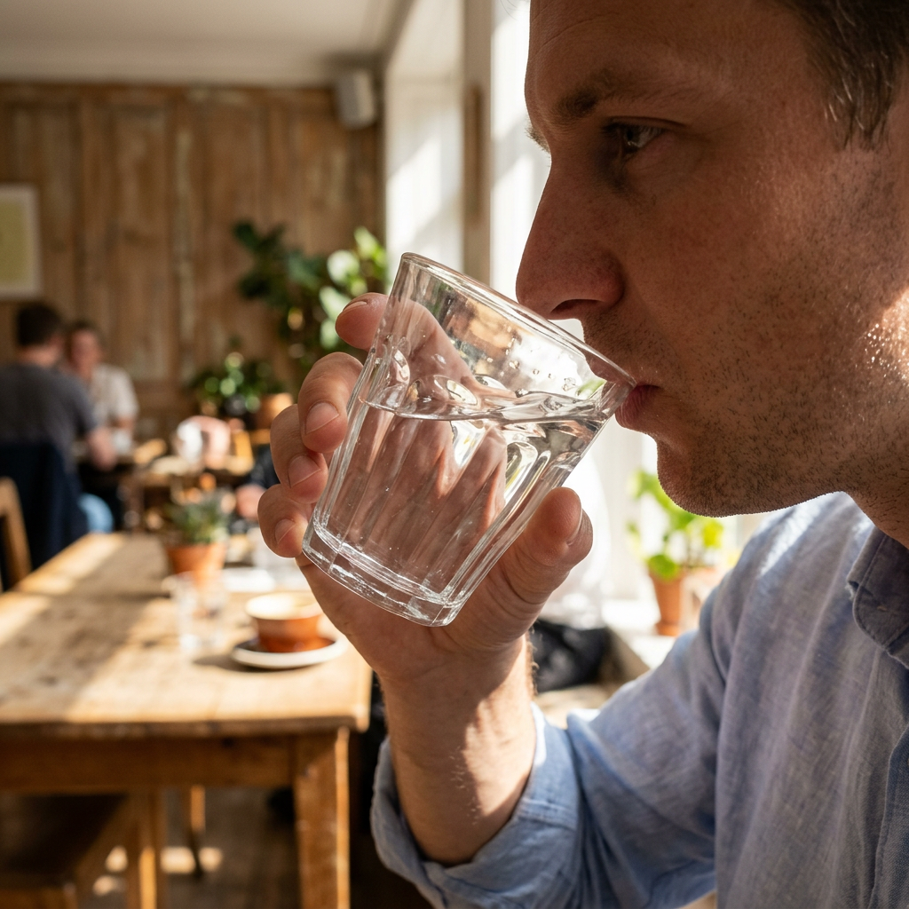Voksen drikker vand af et klart caféglas i en sollyst café