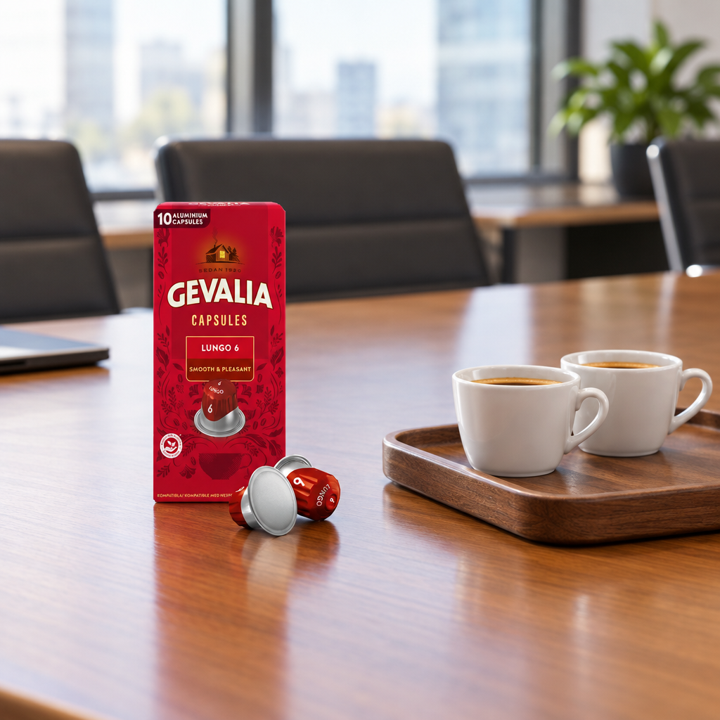 Gevalia Lungo 6 kaffekapsler ved bakke med kopper på mødebord, stemningsbillede