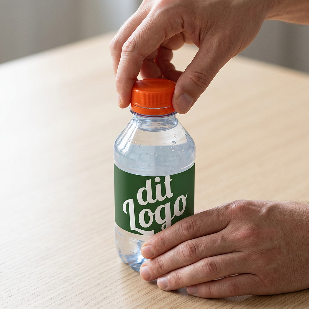 Orange låg bruges på en 0,30-liters logovandsflaske med grøn etiket