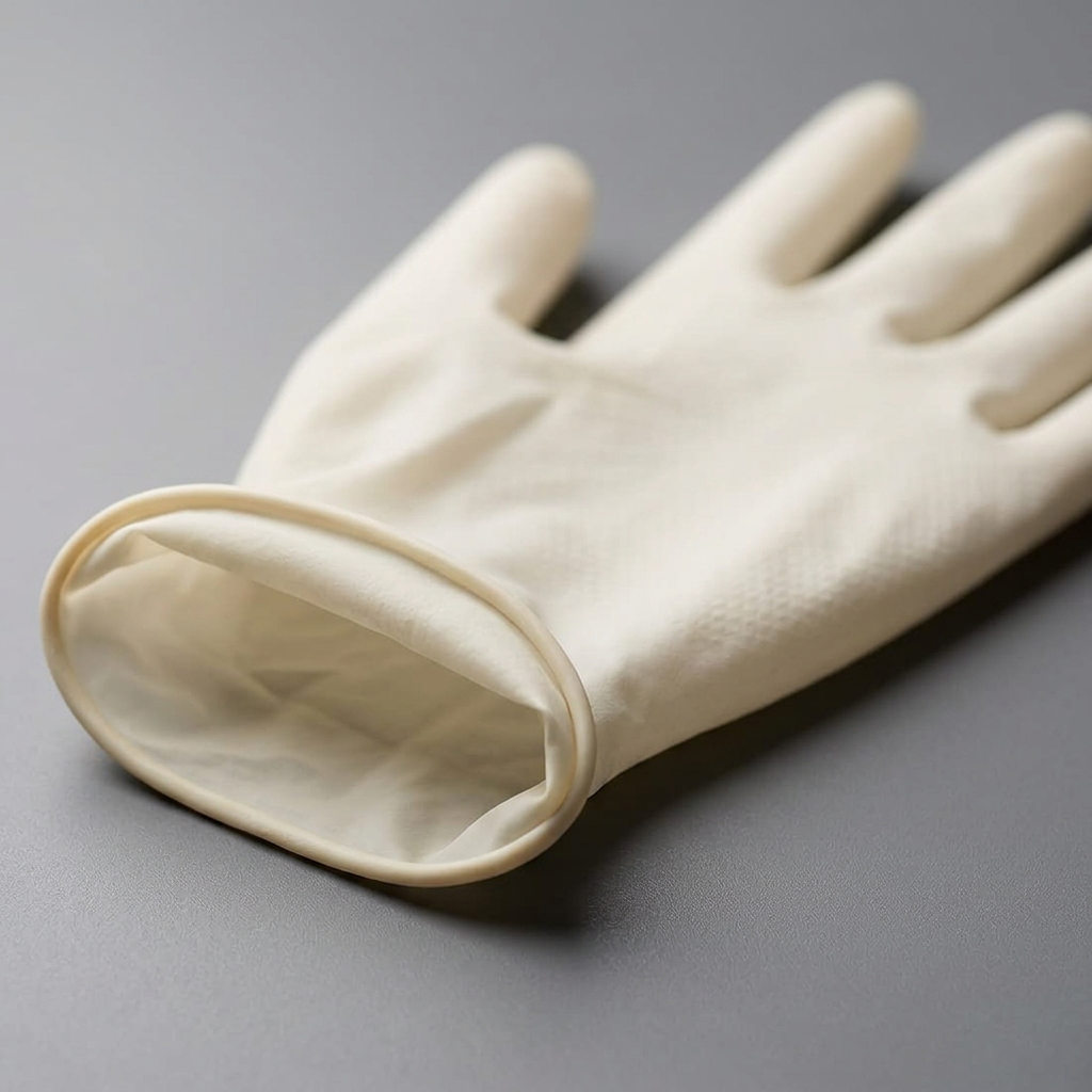 Detalje af rullekant og naturfarvet latexhandske – stemningsbillede